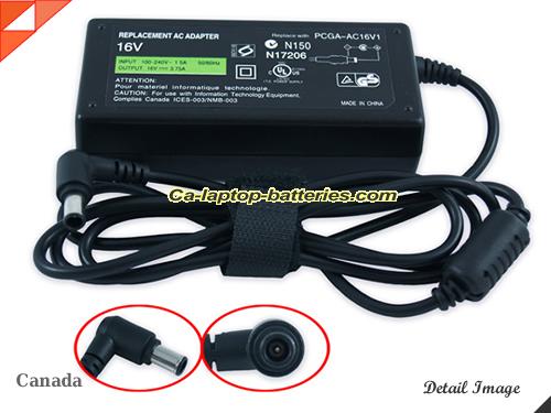  image of SONY PCGA-AC16V8 ac adapter, 16V 3.75A PCGA-AC16V8 Notebook Power ac adapter SONY16V3.75A60W-6.5x4.4mm