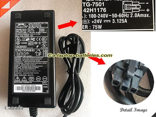  image of TIGER TG-7601-ES ac adapter, 24V 3.125A TG-7601-ES Notebook Power ac adapter YEAR24V3.125A75W-3pin-LF