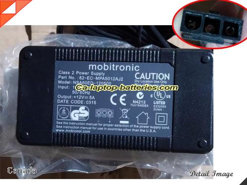  image of MOBITRONIC NSA60ED-120500 ac adapter, 12V 5A NSA60ED-120500 Notebook Power ac adapter MOBITRONIC12V5A60W-3Pins