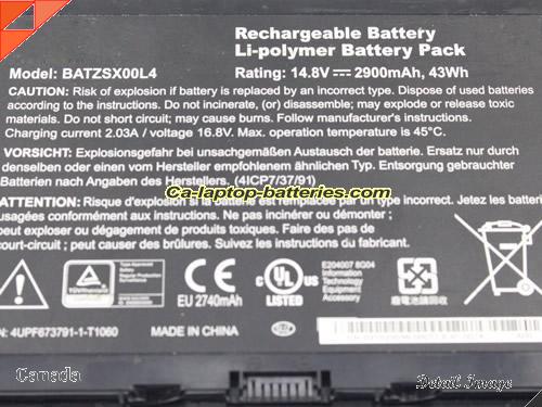  image 2 of BATZSX00L4 Battery, Canada Li-ion Rechargeable 2900mAh, 43Wh  MOTION BATZSX00L4 Batteries