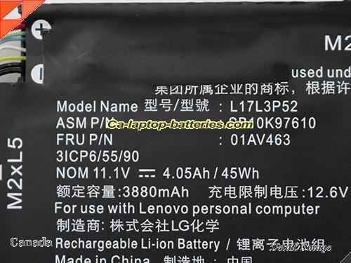  image 2 of L17L3P52 Battery, Canada Li-ion Rechargeable 3880mAh, 45Wh , 4.05Ah LENOVO L17L3P52 Batteries